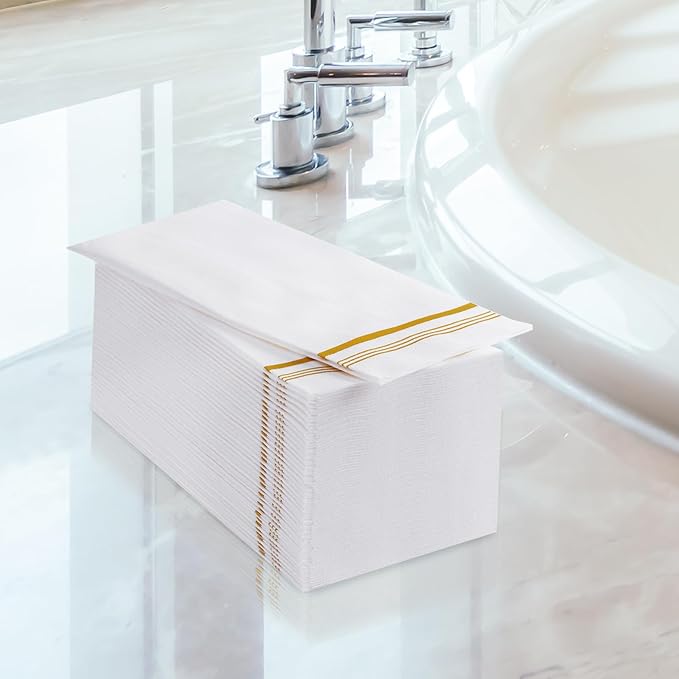 50 Disposable Paper Hand Towels for Bathroom, Linen Feel Guest Towels, Soft and Absorbent Paper Towels Napkins Bulk for Home Dinner Kitchen Wedding, 12" x 17"(Gold Trim Lined)