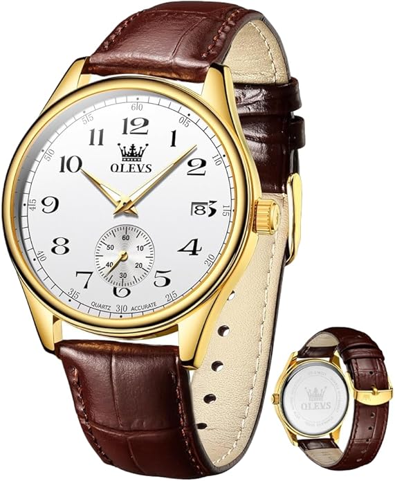 OLEVS Mens Watches Vintage Leather Band Dress Classic Easy Reader Arabic Numerals Analog Quartz Waterproof Date and Day Blue/Black/White Large Face Men's Wrist Watches