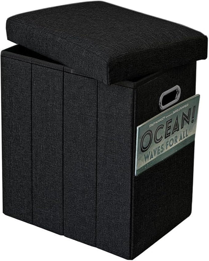 Tall Ottoman with Storage Collapsible Fabric Small Slim Folding Ottoman Furniture with Handles Lid for Room Footrest Foot Stool Linen Black 16.5x16.5x11.8in