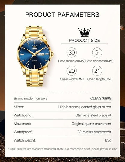 OLEVS Men's Luxury Watch Waterproof Luminous Easy Read Chronograph Watches Full Gold/White Dail/Black Face with Calendar Wristwatch