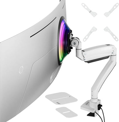 AVLT Single 17"-57" Super Ultrawide Monitor Arm for Screens Up to 59.5 lbs, Premium Aluminum Desk Stand, Adjustable Pneumatic Height, Full Motion Swivel Tilt Rotation, USB-C & USB-A Ports, White