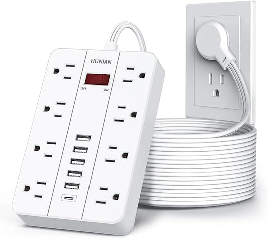 Extension Cord Power Strip Surge Protector 15 Ft, HUNIAN Flat Plug with 8 Widely Spaced Outlets 6 USB (1 USB C Port), Wall Mount Charging Station for Home and Office