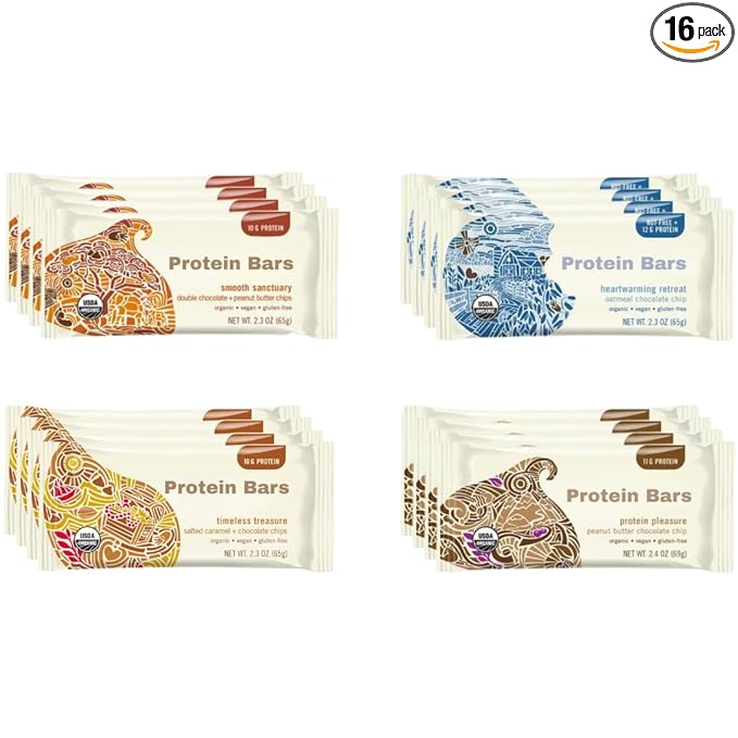 Assorted Protein Bars Variety Pack, Organic Vegan Bars - 2.3 Ounce Bars (16-Pack, 4-Flavor)