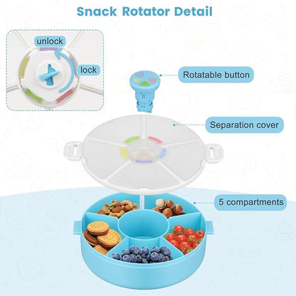 Snack Rotator Container Reusable Snack Box with 5 Compartment Dispenser and Lid, Color Matching Opening Lid, BPA and PVC Free, for Home, School, Travel (1 Pack- Blue)