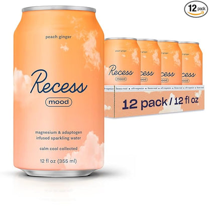 Recess Mood Magnesium & Adaptogen Drink, Relaxation Beverage, 12 ounce (Peach Ginger, 12 pack)