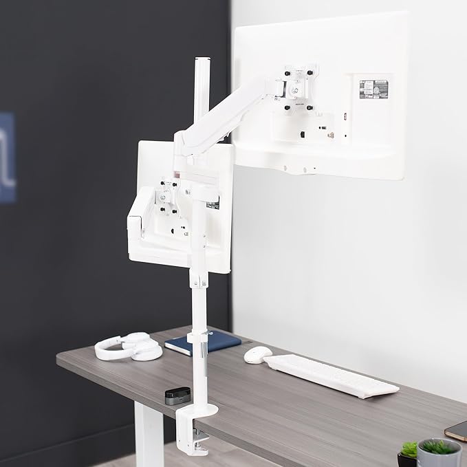 VIVO Dual Monitor Arm Extra Tall Mount for Screens up to 32 inches, Pneumatic Height Adjustment, Full Articulating Heavy Duty VESA Stand with Desk C-clamp and Grommet, White, STAND-V012KW