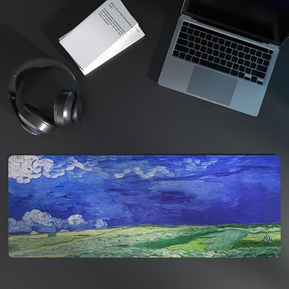 XL Van Gogh Mouse Pad, Large Oil Painting Field Gaming Mouse Mat, 31.5" x 11.8" Desk Mat with Non-Slip Base and Stitched Edge for Home Office Gamer