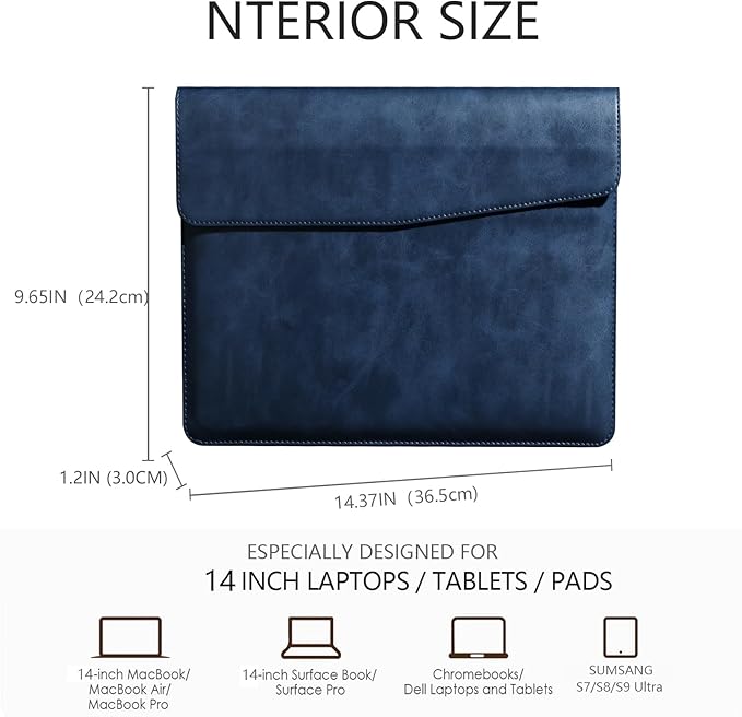 Leather Laptop Sleeve Compatible with MacBook Pro 14 Inch M4 M3 M2 M1 Pro/Max Case,Slim and Durable Waterproof Protective Cover for 13-14 Inch Notebook Computer Cover,Blue
