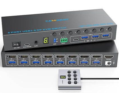 8 Port Displayport KVM Switch 4K@60Hz EDID Simulation, USB3.0 KVM Switch Displayport for 8 Computers Share 1 Monitor and 4 USB Devices,KVM Switches with Audio RS232 Wied Remote 12V Power and USB Cable