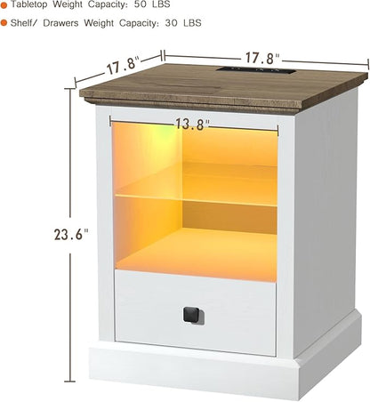 Rresyet White End Table Set of 2, Living Room Side Tables with LED Lights & Charging Station & Adjustable Shelf, Storage End Tables with Drawer, Bedroom Nightstands