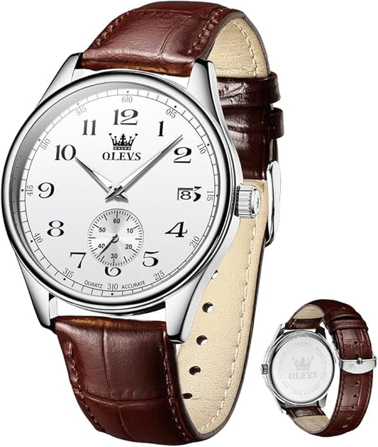 OLEVS Mens Watches Vintage Leather Band Dress Classic Easy Reader Arabic Numerals Analog Quartz Waterproof Date and Day Blue/Black/White Large Face Men's Wrist Watches