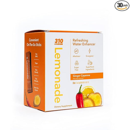 310 Nutrition Lemonade Sugar-Free Water Flavoring Packets - Powdered Drink Mixes & Flavorings with Alkalizing Minerals - Water Enhancer Packets for Energy & Instant Hydration - Ginger 30 Singles