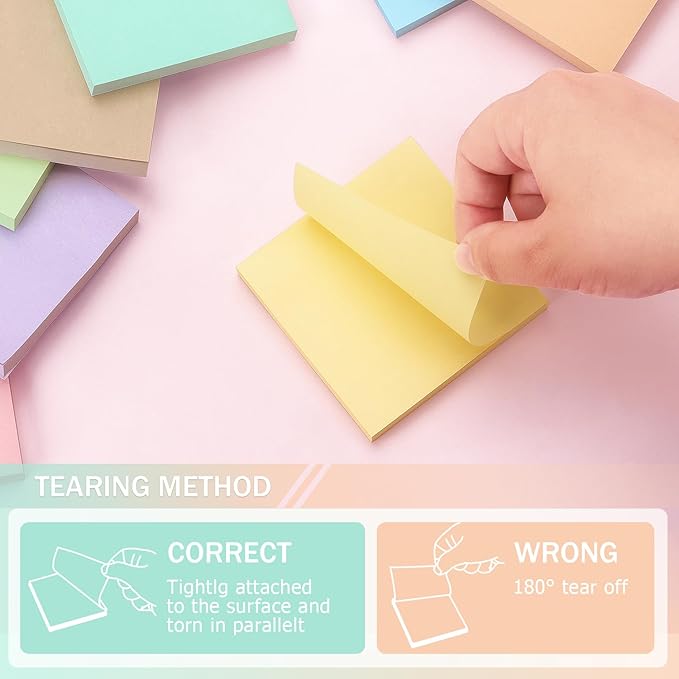 Sticky Notes 3x3inch, 8 Pads Self-Stick Notes, 8 Pastel Multi Colors with Gray Note Pads, Suitable for School, Home, Office, 80 Sheets/Pad