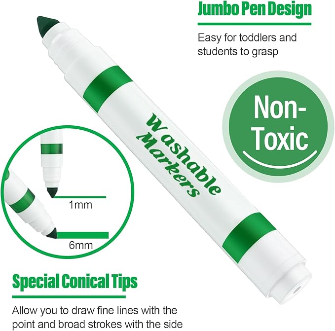Janlaugh 36 Pcs Green Washable Markers Bulk Coloring Broad Line Markers for Kids Green Conical Tip drawing pen for School Supplies, travel Art baby shower gender reveal party Supplies, Ages 6+