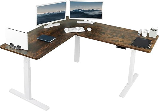 VIVO Electric Height Adjustable 67 x 60 inch Corner Stand Up Desk, 2 Rustic Vintage Brown Solid Table Tops, White Frame, Memory Controller, L-Shaped Workstation, 3E Series, DESK-KIT-3E6WN