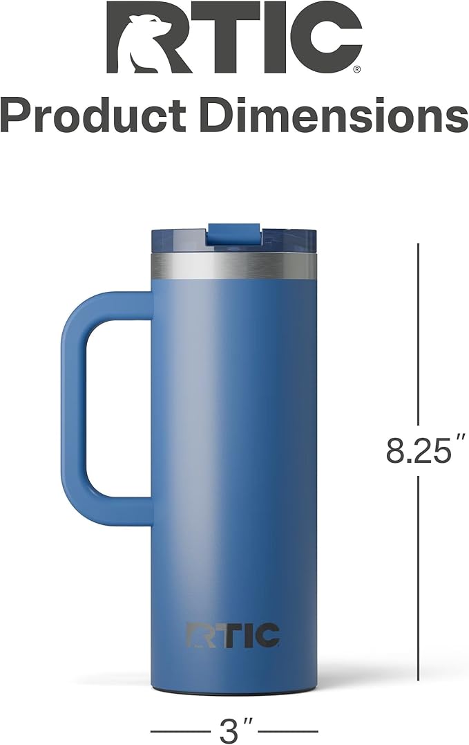 RTIC 20oz Road Trip Travel Mug with Lid and Handle, Ceramic Lined, Insulated, Stainless Steel, Metal, Double Wall Vacuum-Insulation, Portable Coffee, Tea Cup for Hot and Cold Drink, Pond