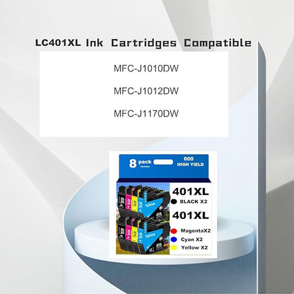 LC401XL Ink Cartridges for Brother Printer Compatible LC401 Ink Cartridges for MFC-J1010DW MFC-J1012DW MFC-J1170DW Printer 8 Pack (2 Black, 2 Cyan, 2 Magenta, 2 Yellow)
