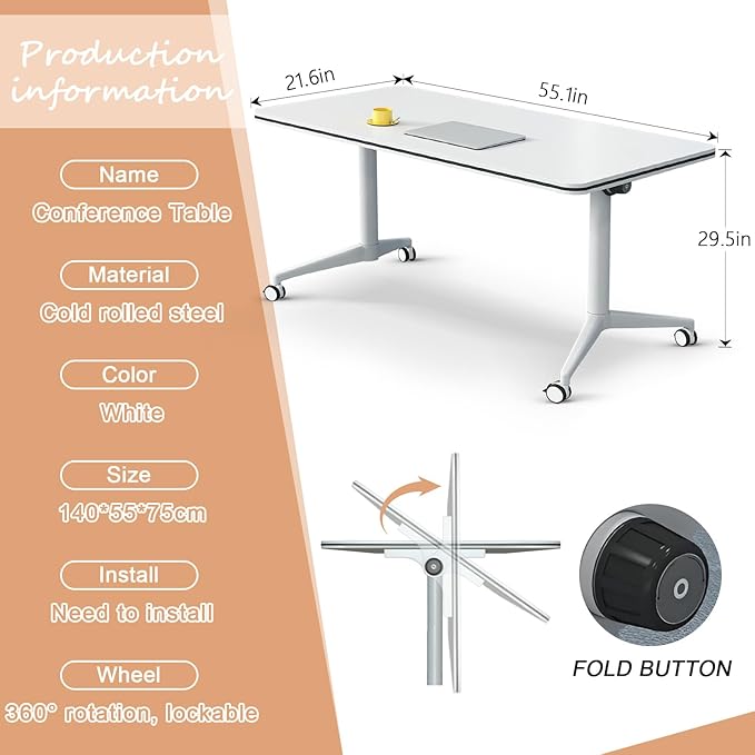Folding Conference Table,Movable Conference Room Table with Wheels,White Wood Rectangular Conference Table with Modern Business Style,Modular Meeting Training Tables for Office Classroom(6,61'')
