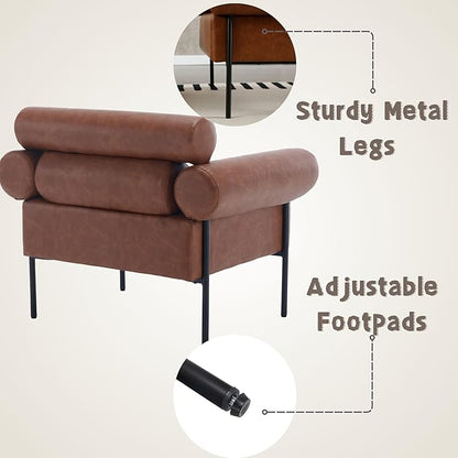 Modern Accent Chairs Set of 2, Single Sofa Accent Chairs for Living Room, Oversized Upholstered Leather Mid-Century Office Reading Armchairs with Channel Tufted for Bedroom, Brown