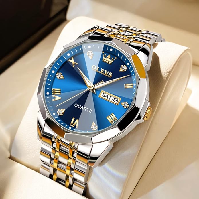Men's Casual Stainless Steel Watch, Big Face Easy to Read Analog Quartz Watch with Day and Date, Classic Waterproof Diamond Roman Arabic Numerals Dial Dress Watch for Men, Gold Silver Black Band
