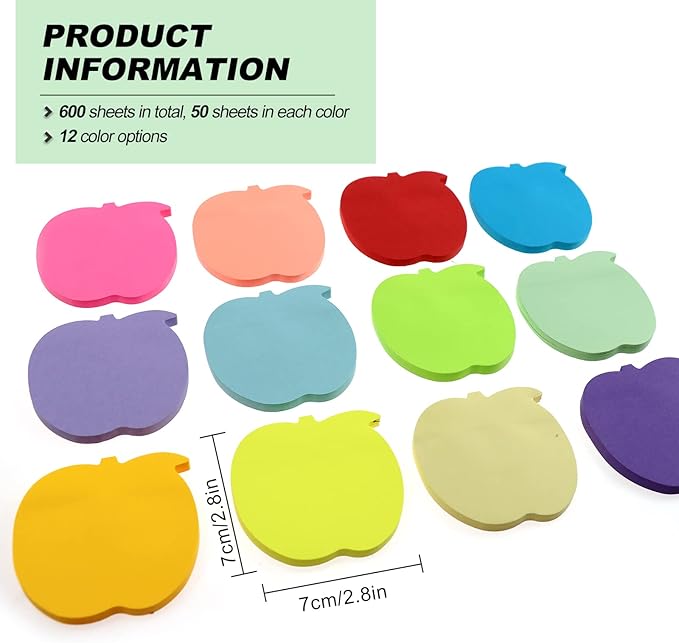 Sticky Notes, Self Sticky Post Notes, Colored Sticky Tabs for Notebooks Bible Study School Office Supplies 2.75 x 2.75 Inch 50 Pieces/Pad 600 Sheet Apples