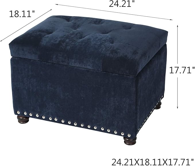 Adeco High End Classy Tufted Accents Rectangular Storage Bench Ottoman Footstool, Blue 24" * 17.5" * 17.7"