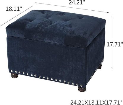 Adeco High End Classy Tufted Accents Rectangular Storage Bench Ottoman Footstool, Blue 24" * 17.5" * 17.7"
