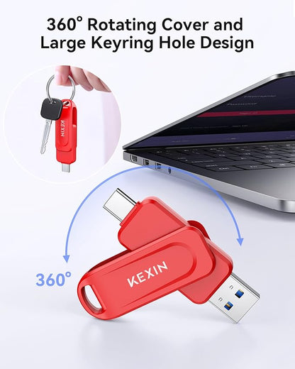 KEXIN 256GB Flash Drive Dual USB C Thumb Drive USB-A & Type-C 100MB/s Swivel USB Drive 256GB for Tablet iPhone 15/16 Car Game Console, Red
