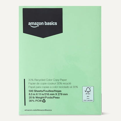Amazon Basics 30% Recycled Color Copy Paper, 8.5" x 11", 20lb, 500 Sheets, Pastel Green