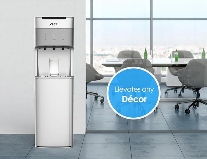 IKT Self Cleaning Bottom Load Water Cooler Dispenser 3 5 Gallon Hot, Cold & Room Temperature Water, Empty Bottle Alert, Child Safety Lock,Silver