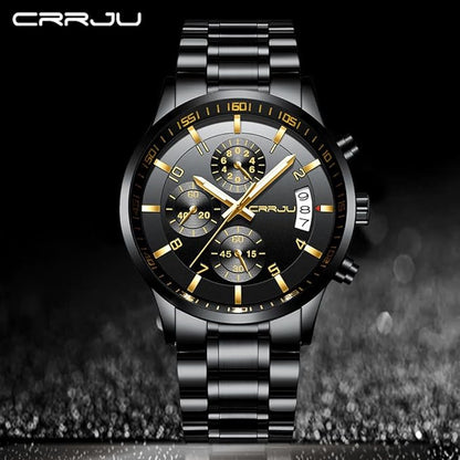 CRRJU Men's Fashion Stainless Steel Watches Date Waterproof Chronograph Wristwatches,Black Steel Band Waterproof Quartz Watch for Men