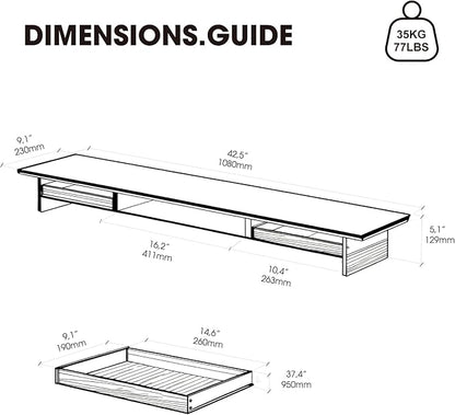 Fenge Acrylic Monitor Stand, 2 Tier Dual Monitor Riser with Solid Wood Drawers, 42.5 Inch Computer Stand for Two 27 Inch Monitors, Desk Shelf for PC, Laptop, Printer, TV, Black