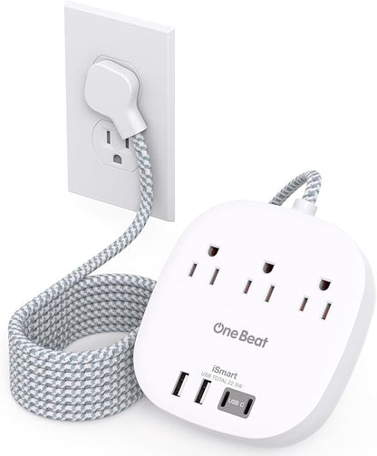 15ft Flat Plug Power Strip, Ultra Flat Extension Cord - 3 Outlets 4 USB Ports (2 USB C) 22.5W/4.5A Desktop Charging Station, Power Strip No Surge Protection for Cruise Ship Dorm Room Travel Essentials