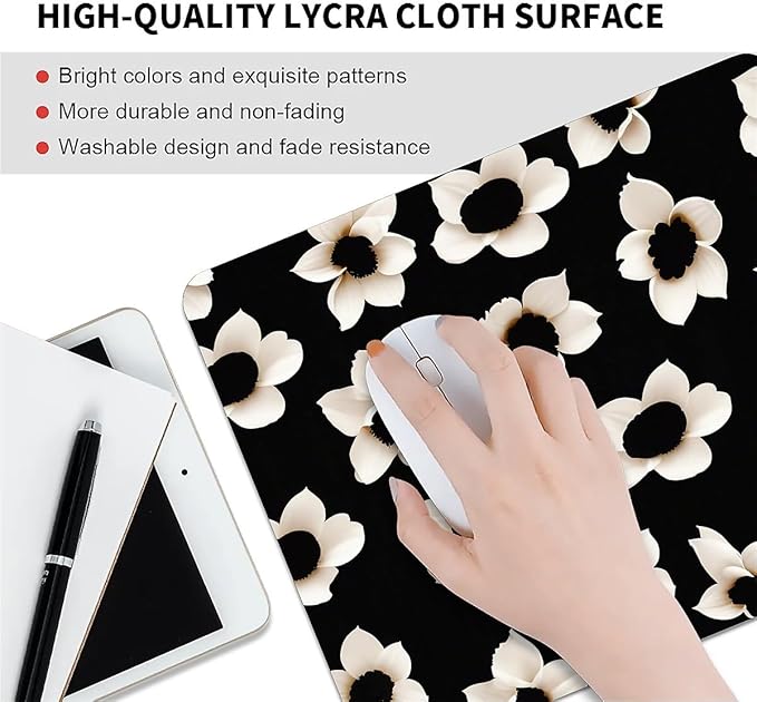 Square Mouse Pad Black White Flowers 1, Personalized Premium-Textured Custom Mouse Mat Design, Washable Mousepad Cloth, Non-Slip Rubber Base Computer Mouse Pads for Wireless Mouse