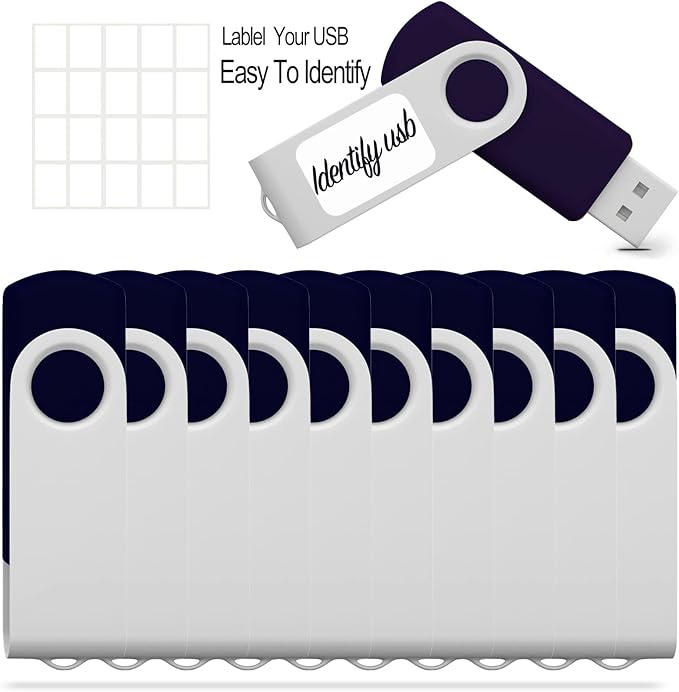 JBOS 32GB USB Flash Drive 10 Pack, Swivel Memory Stick, USB2.0 Pendrive, Thumb Drives With Label Sheet - Black