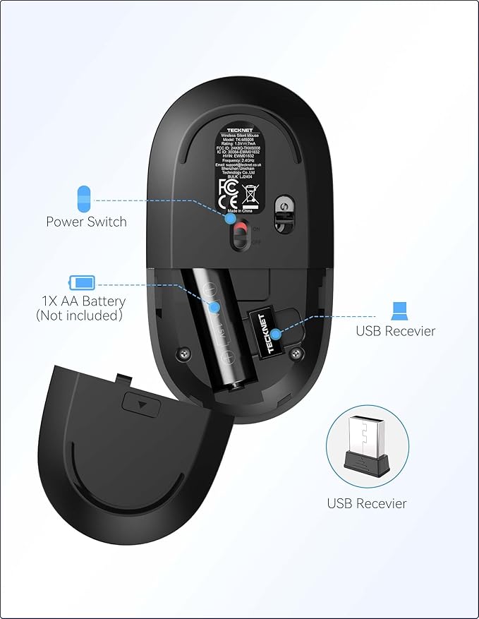 TECKNET Wireless Mouse, 2.4G USB Quiet Click Mouse - Ambidextrous, 4800 DPI, Slim Portable for Travel, PC/Laptop Compatible - Black