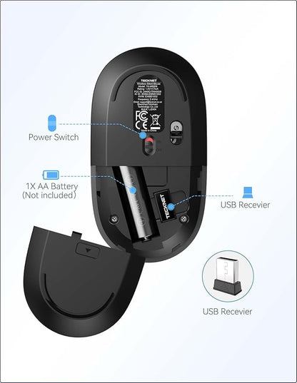 TECKNET Wireless Mouse, 2.4G USB Quiet Click Mouse - Ambidextrous, 4800 DPI, Slim Portable for Travel, PC/Laptop Compatible - Black