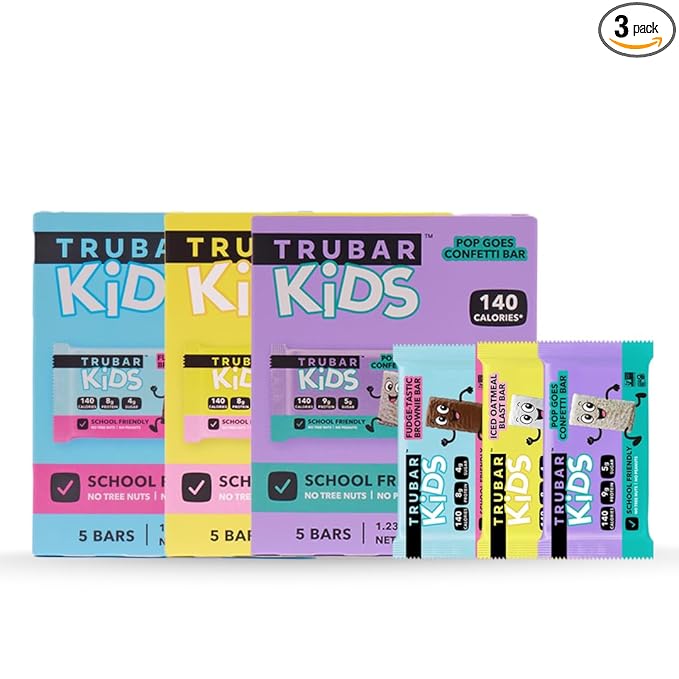 TRUBAR Kids Protein Bars, Snack Pack Variety Box, Plant Based Protein, Gluten Free School-Friendly Snacks for Lunchboxes, Tree Nut and Peanut Free, Low Sugar, Healthy On the Go Snack Bars, 15 Count