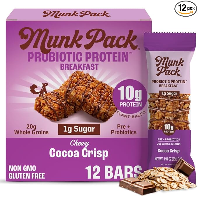 Munk Pack Probiotic Protein Bars Stocking Stuffers - Cocoa Crisp | 10g Plant Protein, 1g Sugar, 6g Fiber | Diabetic-Friendly Ideal Breakfast Bars - On-the-Go Snacks, Gluten-Free, Non-GMO | 12 Count