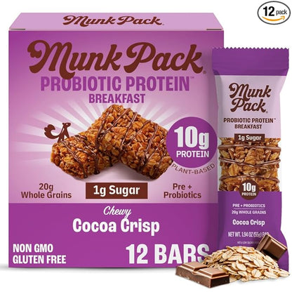 Munk Pack Probiotic Protein Bars Stocking Stuffers - Cocoa Crisp | 10g Plant Protein, 1g Sugar, 6g Fiber | Diabetic-Friendly Ideal Breakfast Bars - On-the-Go Snacks, Gluten-Free, Non-GMO | 12 Count