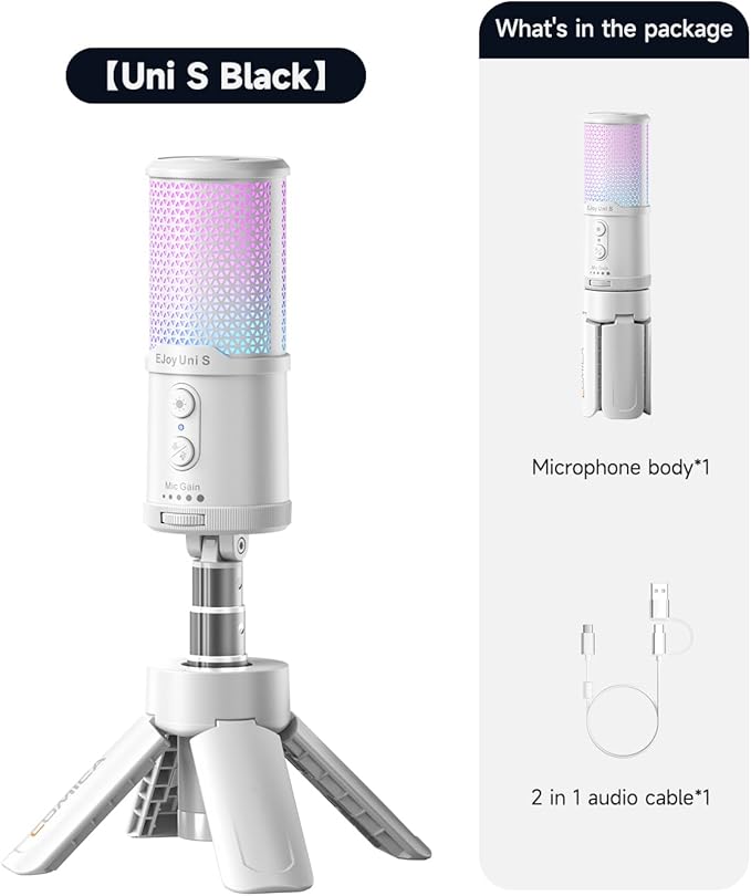 COMICA Ejoy UNI S USB Gaming Microphone for PC, RGB Cardioid Condenser Mic with Tripod Stand, 48kHz/24bit, Noise Cancellation, Streaming Mic for Recording, Podcast, Twitch, Discord, Computer, PS5, PS4