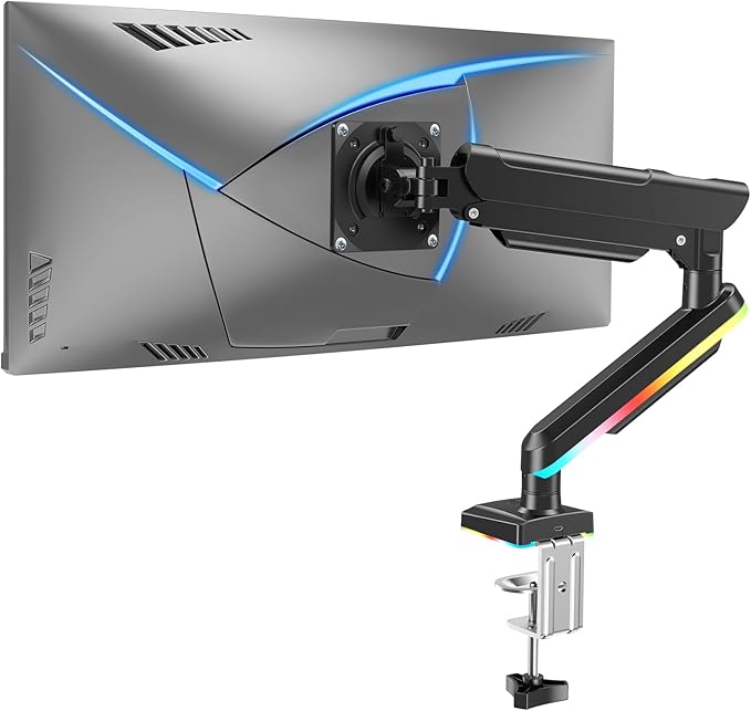 MOUNTUP RGB Single Monitor Arm Fits 32 27 24 22 inch, Holds 4.4-22lbs Screens, Monitor Stand for Desk with RGB Lights, 19 Modes, Computer Monitors Desk Mount, VESA Mount with Clamp & Grommet Bases