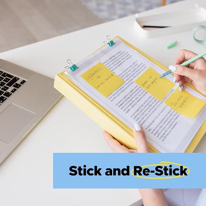 Post-it 100% Recycled Paper Super Sticky Notes, 2X The Sticking Power, 3x3 in, 24 Pads/Pack, 70 Sheets/pad, Canary Yellow (654R-24SSCY-CP)