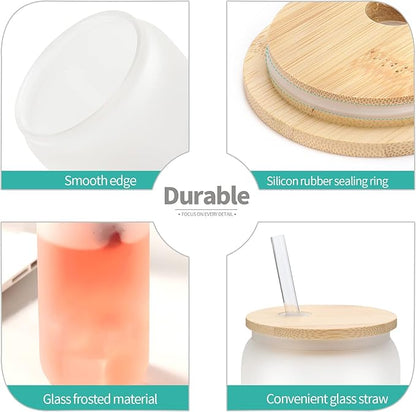 12 Pack Sublimation Glass Cups Frosted 16oz Blanks Beer Can Borosilicate Glasses Tumbler with Bamboo Lids and Straws for Beer, Juice, Soda, Iced Coffee, Drinks