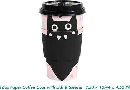 HOME & HOOPLA Halloween Party Pastel Hauntings Black Bat 16oz Paper Coffee Cups with Lids & Sleeves (Serves 16) – Spooktacular Bat Treat Cups