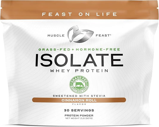 Muscle Feast Grass-Fed Whey Protein Isolate, All Natural Hormone Free Pasture Raised, Whey Isolate Protein Powder for Men and Women, Clean, Gluten-Free, Delicious Isolate Protein - Cinnamon Roll, 2lb