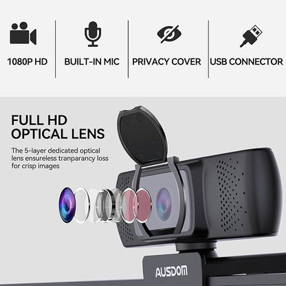 AUSDOM AF640 1080P Webcam with Microphone, 90°FOV USB PC Camera Webcam with Privacy Cover, Plug and Play Computer Camera for Online Calling/Conferencing, Zoom/Skype/YouTube, Laptop/PC