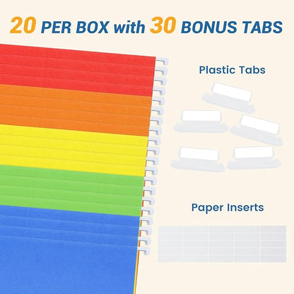 Classification Hanging File Folders with 2 Dividers, Goefun Letter Size Colored Classification Folders 20 Pack, 5 Color Assorted, Designed for Drawer, Cabinet, File Box, with 1/5-Cut Adjustable Tabs