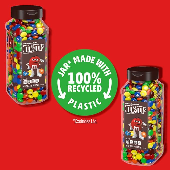 M&M's Milk Chocolate Bulk Candy in Resealable and Recyclable Jars, Party Size Assorted Chocolate Candies, Movie Night Snacks, Candy Buffet, 25.5 Oz Each (Pack of 2)