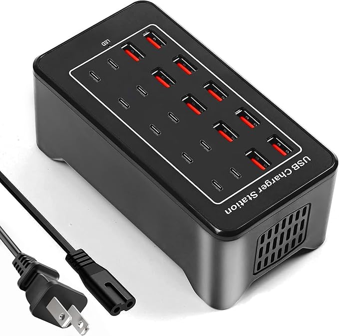 USB Charging Station, USB C Charger Block, 20Port (20A) Multiple Charging Hub Desktop 10 Port USB Charger Compatible for Apple iPhone, iPad, Samsung, Pixel, Cell Phone, Tablets, Office Home Use